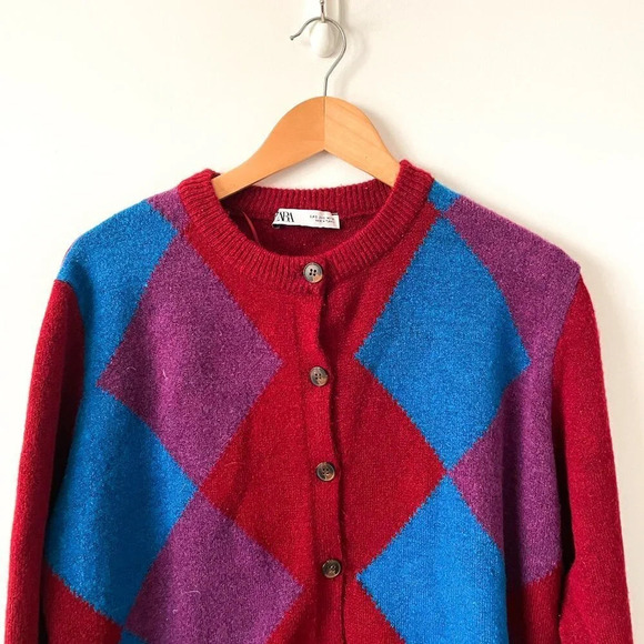 Zara Argyle Knit Button Cardigan Sweater Red Blue Size  Small - Picture 4 of 8